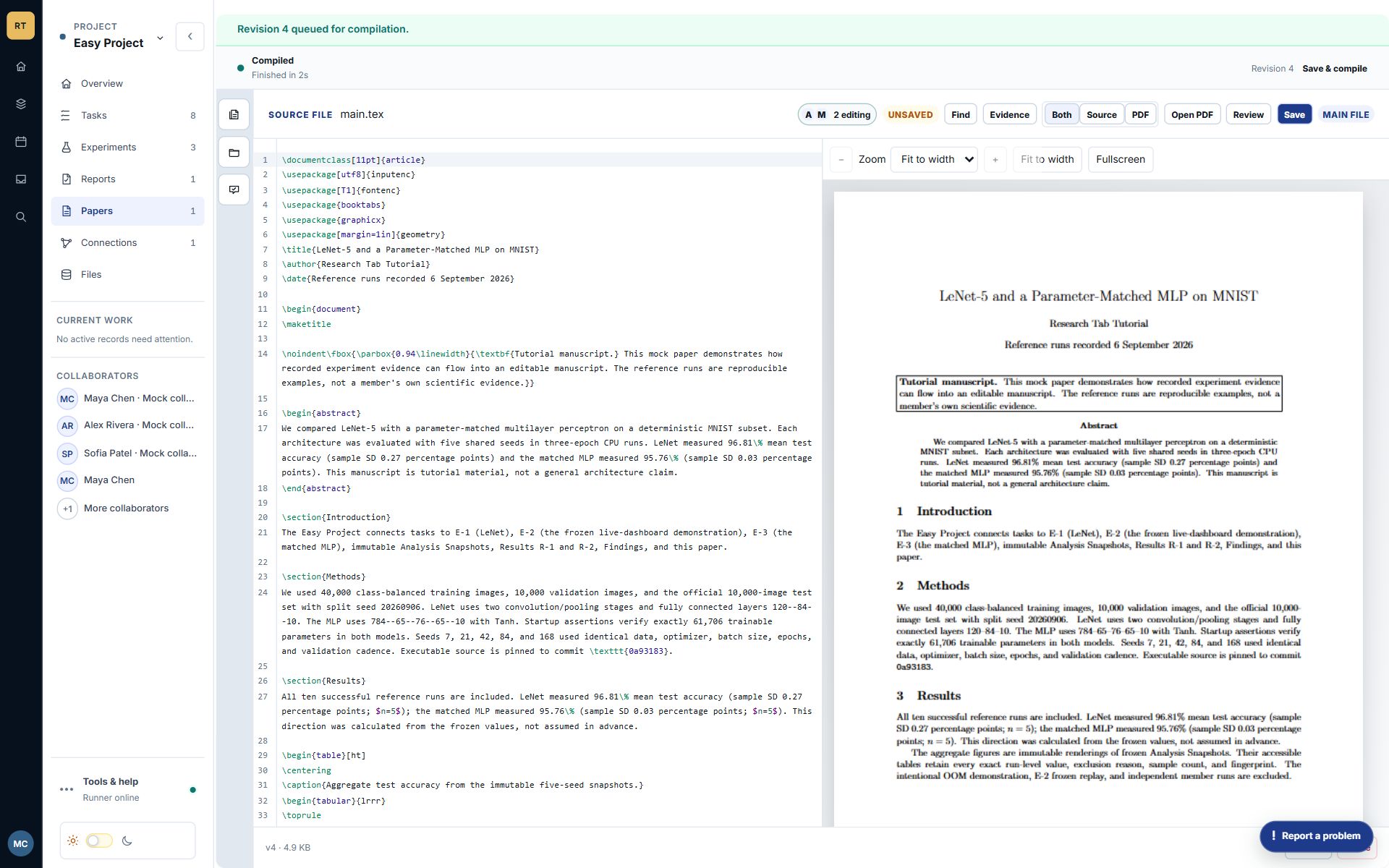 Current Paper workspace with two actual local collaborators and the revised LaTeX abstract beside its compiled PDF