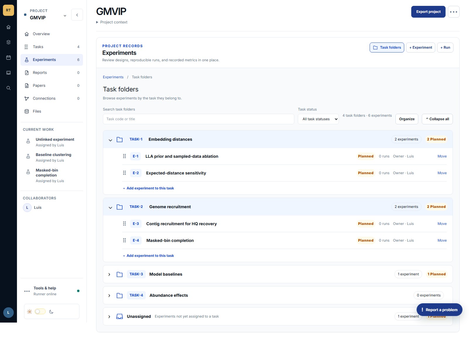Task folder interface with synthetic example records, expandable experiment groups, status totals and Unassigned